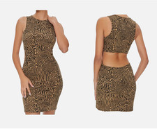 Abstract Maze Print Cutout Bodycon Mini Dress Y2K Clubwear Women Black Brown