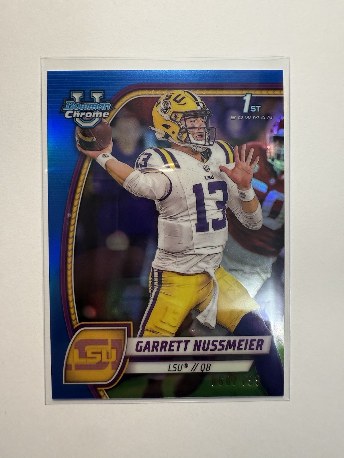 2024 Bowman Chrome University Garrett Nussmeier Blue Refractor /199 #5 LSU