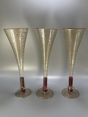 RareVintage Murano Hand Blown Hand Decorated Gold Red Flash Champagne Flute Trio