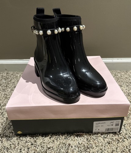 Kate Spade Puddle Pearls Rain Boots NIB Black Sz7 Pearl Detail