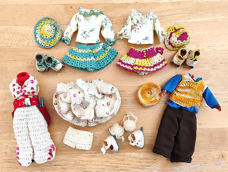 5 Vintage Hand Made Crochet Doll Outfits 7-8" Dolls 3 Skaters Cowboy Estate Lot