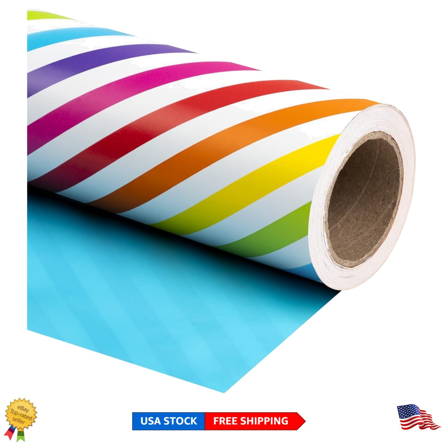 - Jumbo 30" X 100' Roll In Rainbow Stripe & Solid Blue