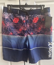 Hurley Boys Youth Swim Board Shorts SZ 16 /28" Waist blue stripe tropical