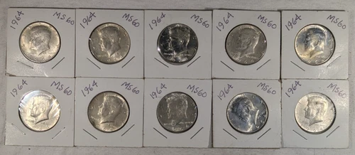 LOT OF 10 UNC 1964 KENNEDY HALF DOLLAR COINS $5 FACE VALUE UNCIRCULATED #83