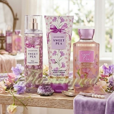 Bath & Body Works Sweet Pea Fragrance Mist Body Wash  Body Cream 3 Pc Set