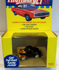 JOHNNY WHITE LIGHTNING THUNDERJET 500 BLACK w/ FLAMES '41 WILLYS SLOT CAR BODY