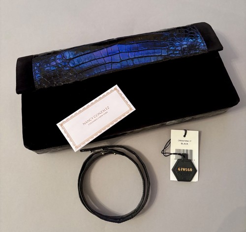 New Nancy Gonzalez Black Crocodile Handbag Clutch Velvet w Strap Evening Exotics