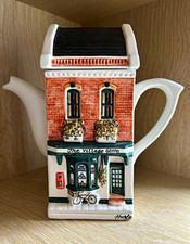 Hazle Ceramic "The Village Store" Tea Pot Glossy Decorative Lid Handles