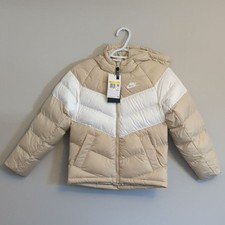 NWT Nike Youth Beige and White Hooded Puffer Jacket Coat - DX1264 - Small