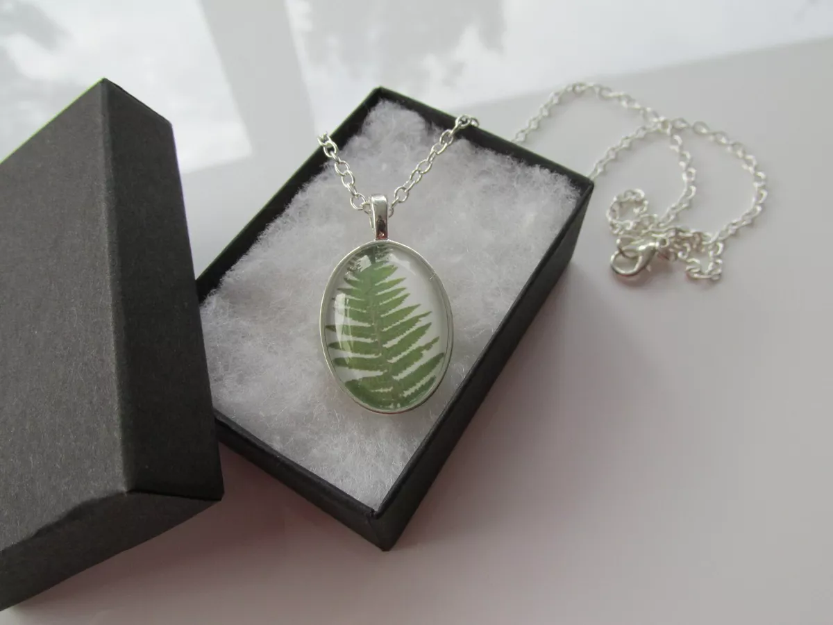 Handmade in UK White Green Fern Leaf Print Teardrop Print Pendant Necklace