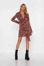 Nasty Gal Leopard Animal Print Ruffle Brown Long Sleeve Dress Size 8