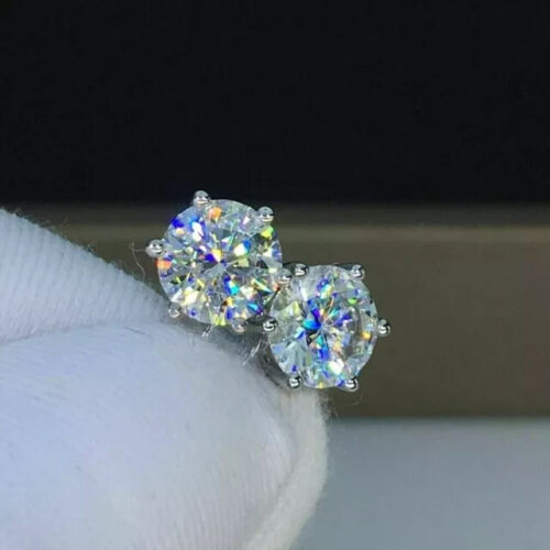 2.00Ct Round Cut Real Moissanite Solitaire Stud Earrings 14K White Gold Plated