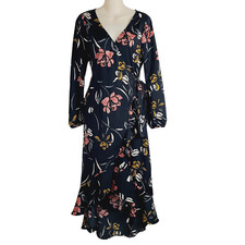 Saltwater LUXE Womens Tia Wrap Midi Dress Small Long Sleeve Black Floral Design