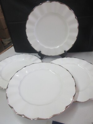 4 MIKASA SILVER MOIRE 11'' Bone China Dinner Plates Ruffled Edge Platinum Trim