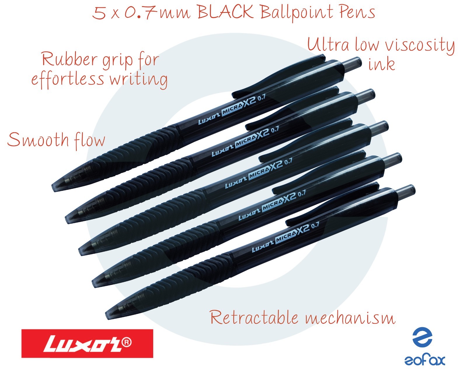 5 x 0.7mm Unique Tip LUXOR Micra BLACK Retractable Ballpoint Pens