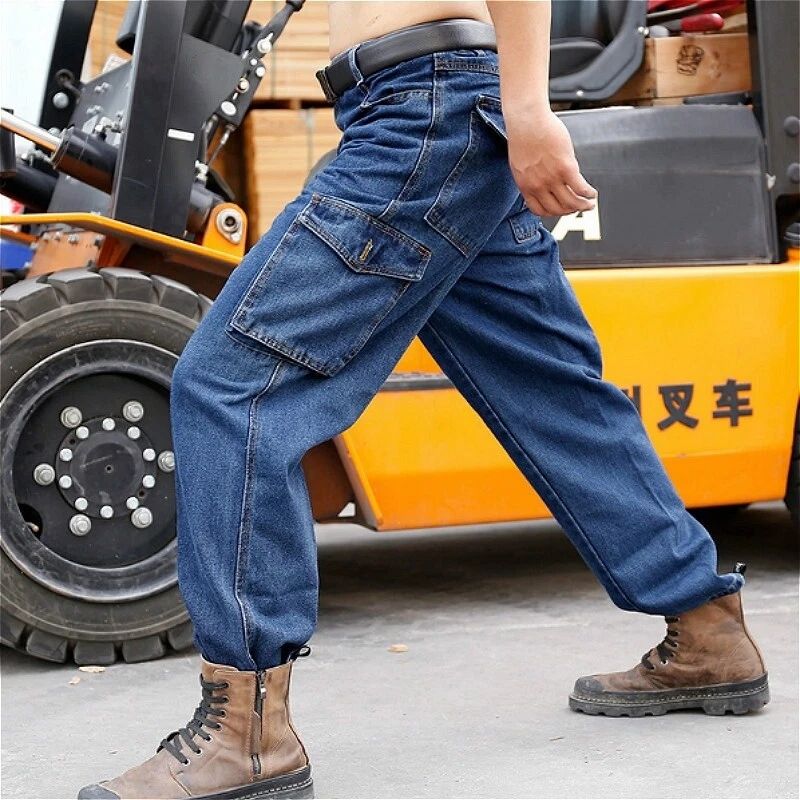 Men Cargo Jeans Heavy Duty Work Denim Pants Combat Straight Trousers Casual Blue