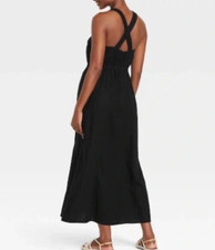 NEW Universal Thread Black Linen Blend Cross Back Maxi Dress Size XSMALL