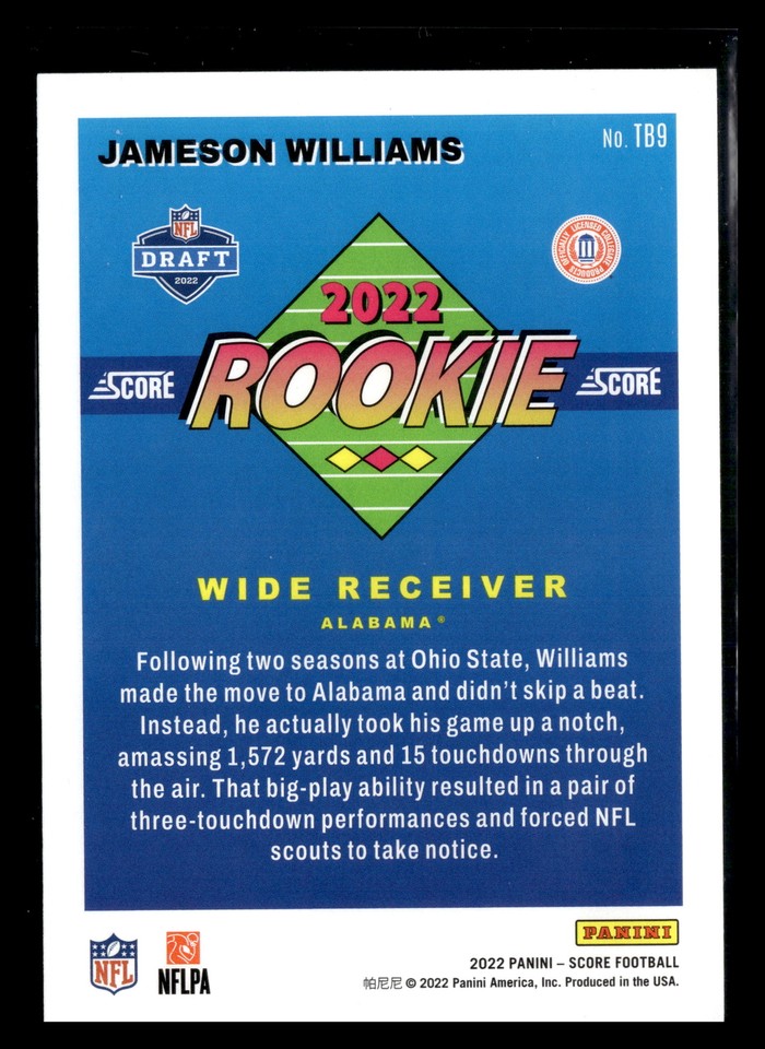 2022 Score 1992 Throwback Rookie TB9 Jameson Williams Alabama Football