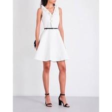 Ted Baker Ivory Qwinn Ruffled Vneck FIT N FLARE Dress Us 6 EUC