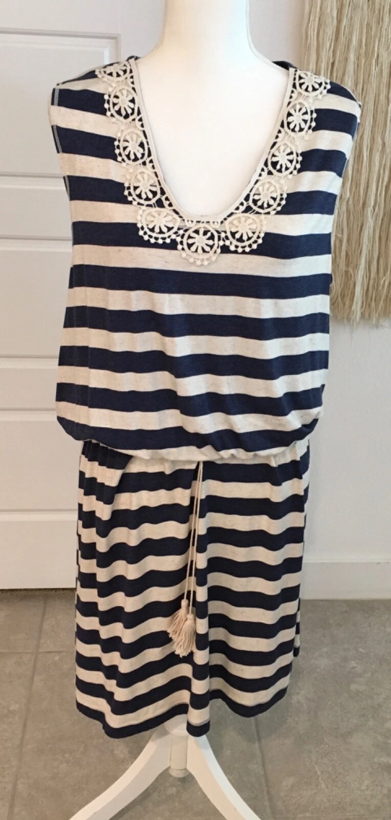 VETEMENTS Abito smanicato donna Max Studio extra large blu navy e panna a righe nuovo con etichetta $98