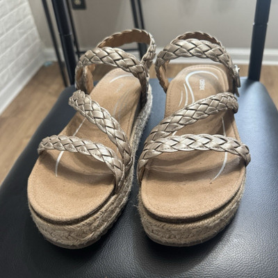 Aetrex Women's Beige Braided Espadrille Wedge Sandals Adjustable Strap Sz 10