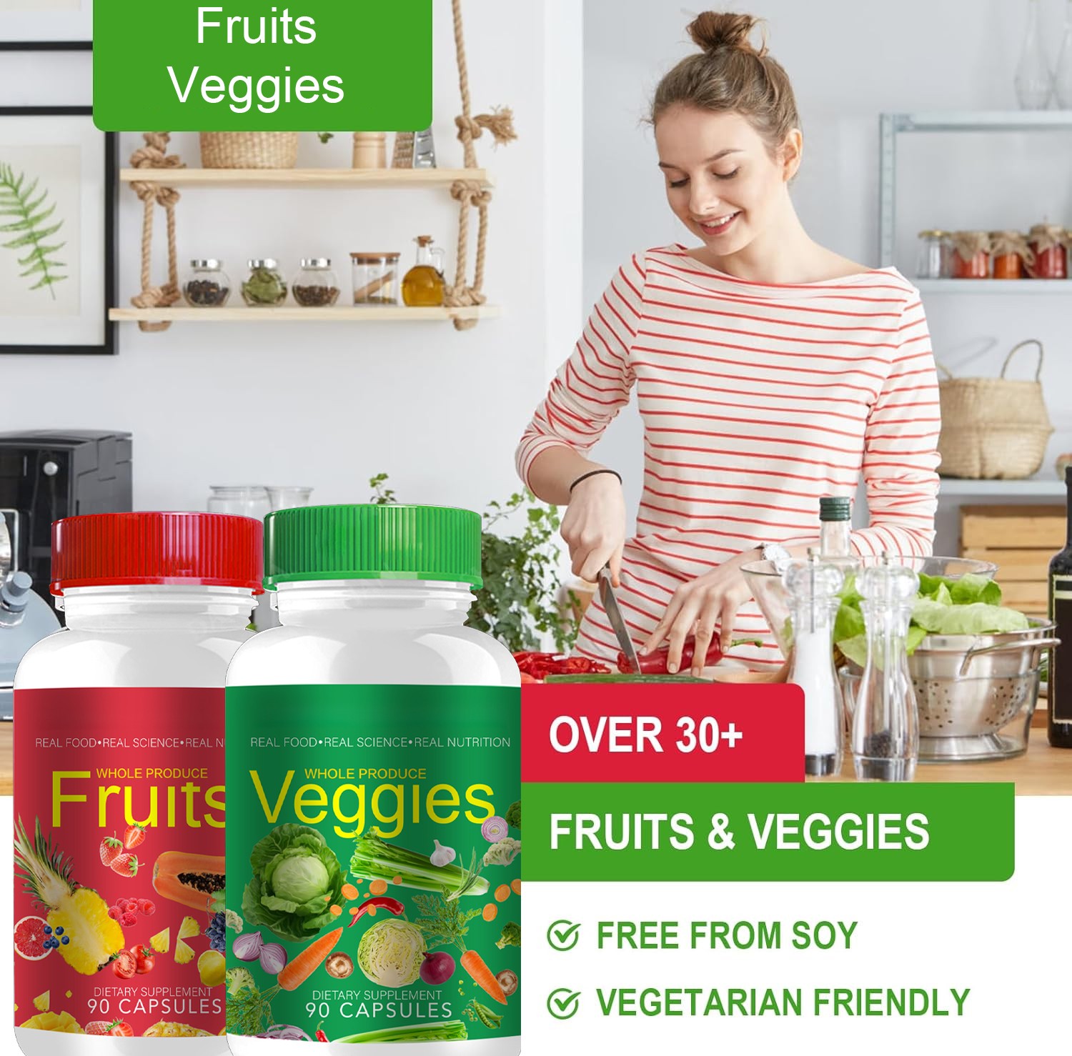 1 Set Fruits and Veggies Supplements - 90 Fruit Capsules, 90 Veggie Capsules New