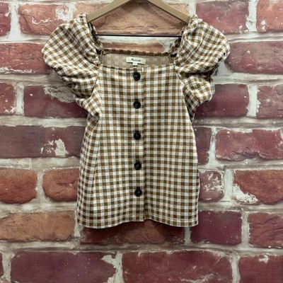 Madewell Blouse Womens XXS Brown Check Square Neck Puff Short Sleeve Shirt