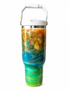 Custom Genuine Stanley Quencher 40oz Tumbler Ocean Blue Orange Alcohol Ink Epoxy