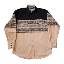Panhandle Slim Shirt Mens Large Beige Black Pearl Button Up Snap Aztec Bison Y2K