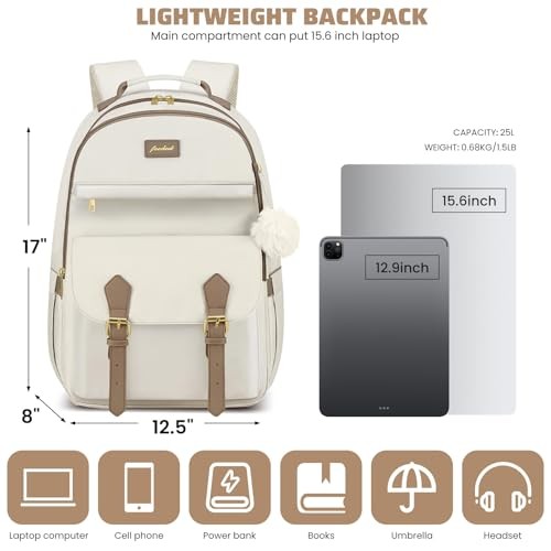 School Backpack for Women Girls Bookbag: College Students Bookbags Fit Beige - Imagen 4 de 7