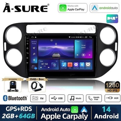 Android 14 Carplay Autoradio DAB+ Kam FM RDS GPS Navi Für VW Tiguan 5N Golf Plus