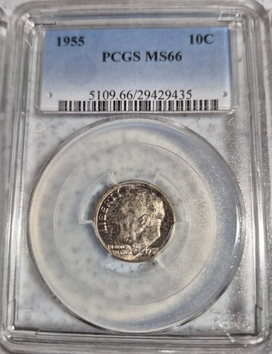 1955-P Roosevelt 90% Silver Dime MS66 - graded by PCGS