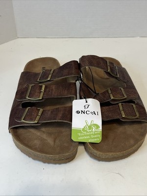 ONCAI WOMEN S Vegan FLAT SLIDE Brown SANDALS ARCH SUPPORT SIZE 11 NWOB 3 Strap