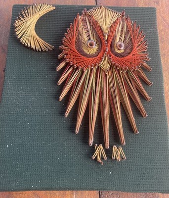 Vintage Unique Owl String Art 10 In  x  8 1/2 Inches Moon Green Background
