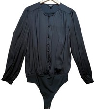 Express Womens Button Down Satin Silky Bodysuit Sz M Black Lightweight