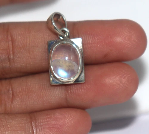 0.9 Inch Natural Blue Flash Moonstone Gem Pendant Bezel Set 925 Sterling Silver