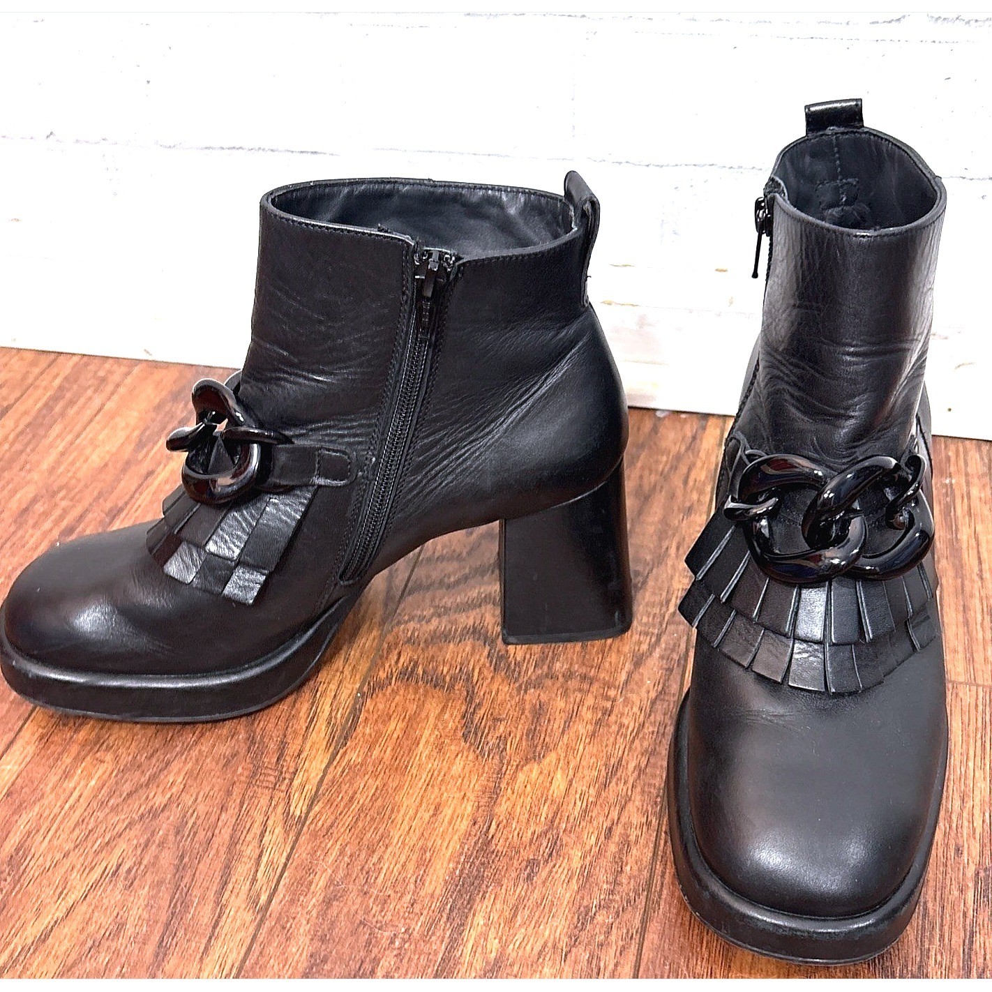 Paul Green Leather Ankle Boots Womens 8 (UK 5.5) Black Block Heel Fringe Tassel