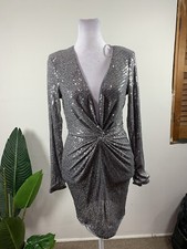 FASHION NOVA Women's Sugar Free Silver Sequined V-Neck Long Sleeve Mini Dress -S