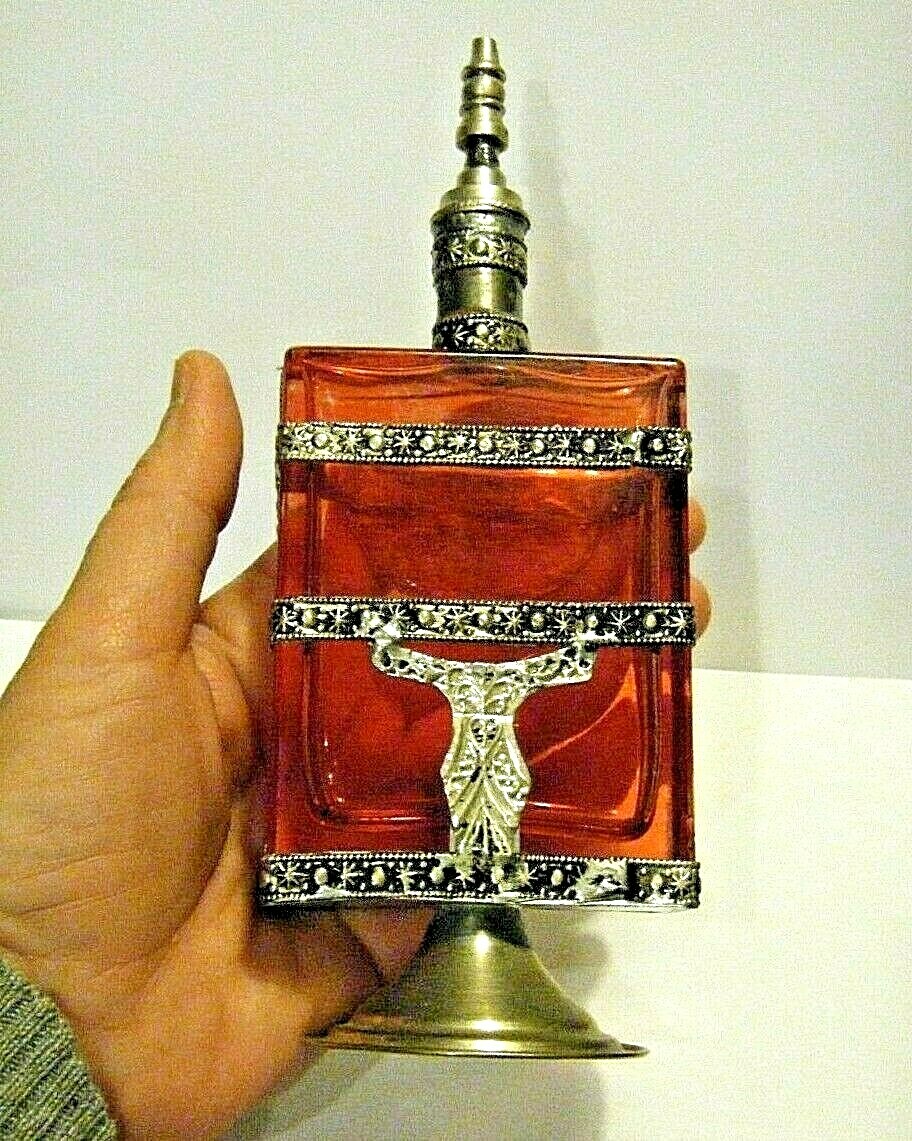 Large Vintage Silver Mounted Pink Glass Rose Water Perfume Bottle Middle Eastern