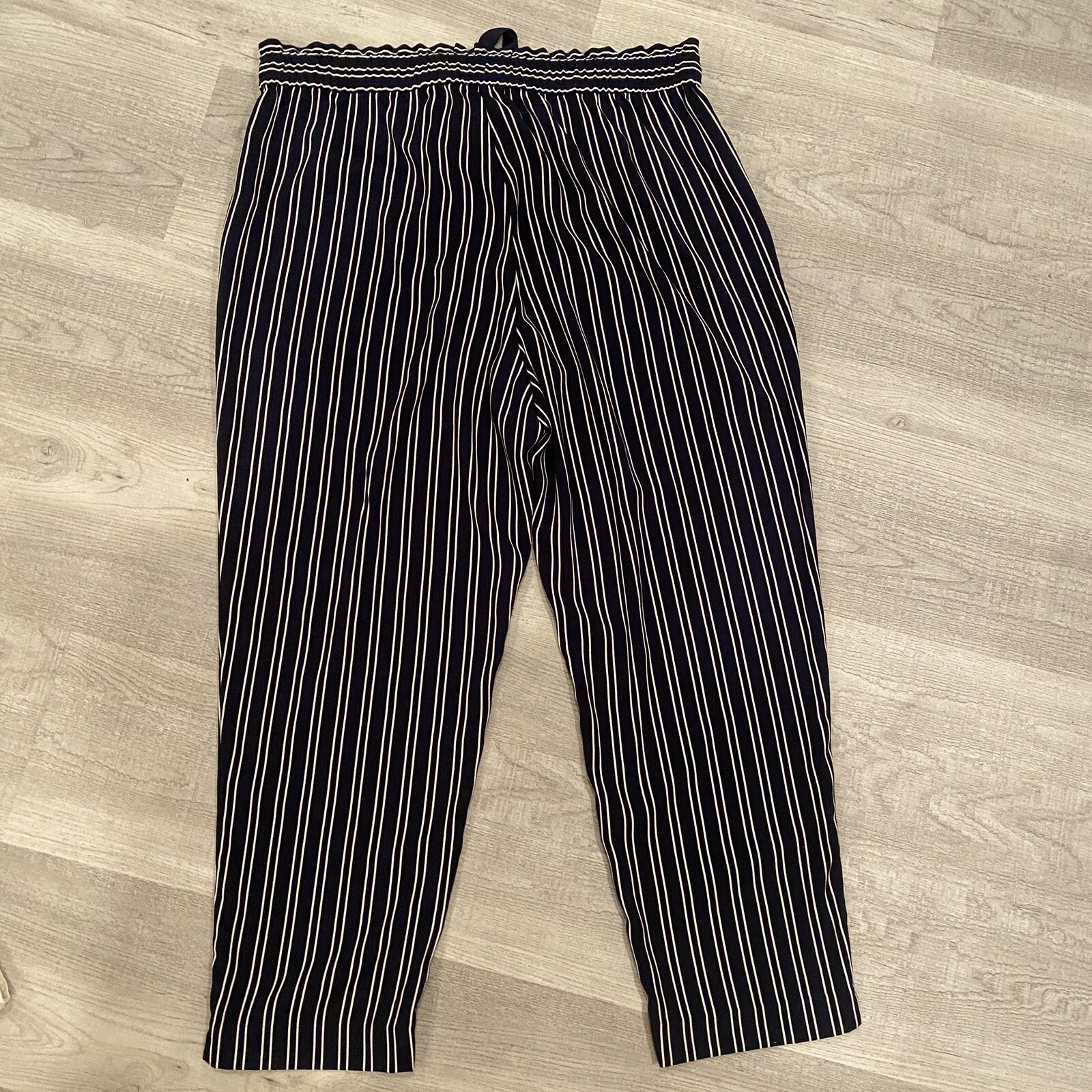 Zara Xl Stripe Pants Navy Blue White Tie Waist Side Pockets image 5