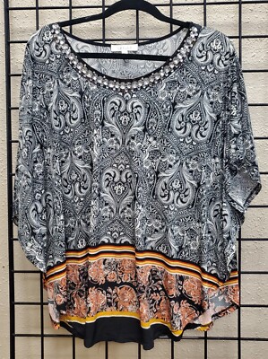 Lavish Paisley Black Multi Scoop Neck Short Sleeve Top Blouse, Size 1X - EUC