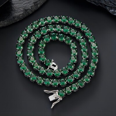 Men Women Tennis Necklace 7mm Round Green Cubic Zirconia Chain 18/20/22/24  Inch