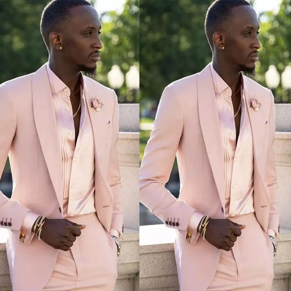 Elegant Pink Men Suits 2 Pieces Shawl Lapel Tuxedos Luxury Slim Fit Wedding Set