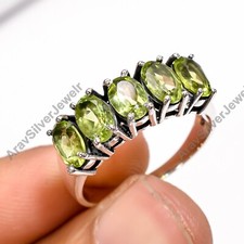 Five Green Peridot Cut Stone Ring 925 Sterling Silver Handmade Statement Ring