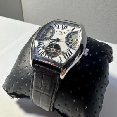 Cogu Automatic Winding Watch Silver Leather Strap - Used, Tested, Cleaned