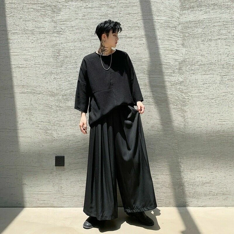 Men Pleated Wide Leg Pants Culotte Gothic Japanese Trousers Retro