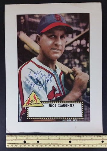 ENOS SLAUGHTER, Cardinals - Autographed 9x12 1952 Topps Poster: Blue Ink Pen - Picture 2 of 2