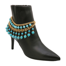 Women Gold Metal Chain Boot Bracelet Shoe Turquoise Blue Anklet Wrap Around Band