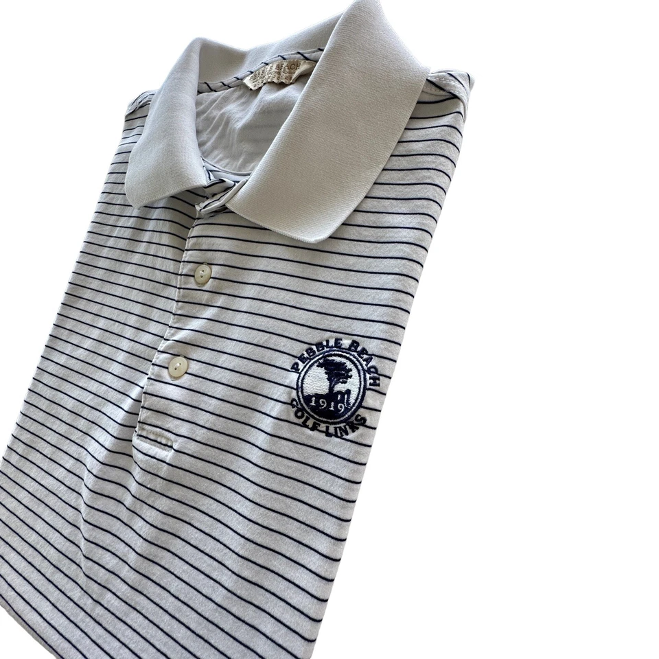 Pebble Beach Golf Links Polo Shirt Mens Medium Short Sleeve White Blue Stripe - Image 2 of 4