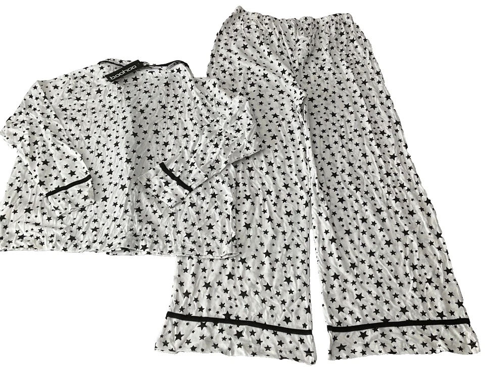 Conjunto de Pijama Boohoo Mujer Talla 12 Blanco Negro Estrellas Botón Delantero Pierna Ancha Elástico Foto 2 de 4
